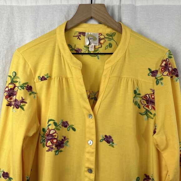 Fig & Flower Anthropologie Yellow Embroidered Button Up Roll Tab Top Women’s XL - Picture 4 of 15